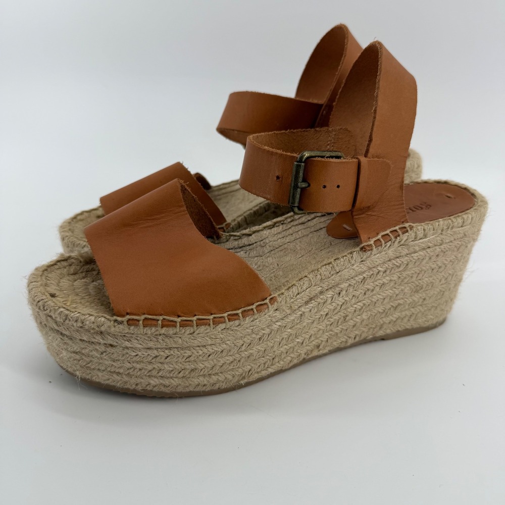 Soludos Minorca Tan Leather Espadrille Platform Wedge Sandals Womens 8 EU 38.5